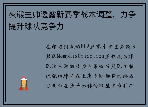 灰熊主帅透露新赛季战术调整，力争提升球队竞争力