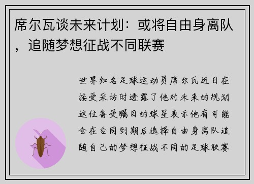 席尔瓦谈未来计划：或将自由身离队，追随梦想征战不同联赛