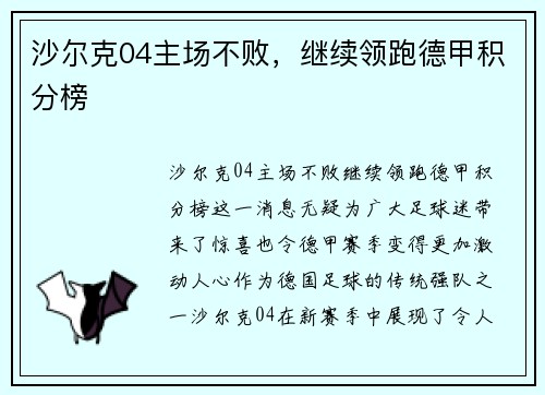 沙尔克04主场不败，继续领跑德甲积分榜