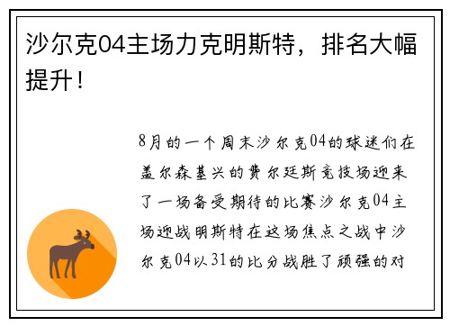 沙尔克04主场力克明斯特，排名大幅提升！