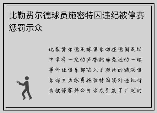 比勒费尔德球员施密特因违纪被停赛惩罚示众